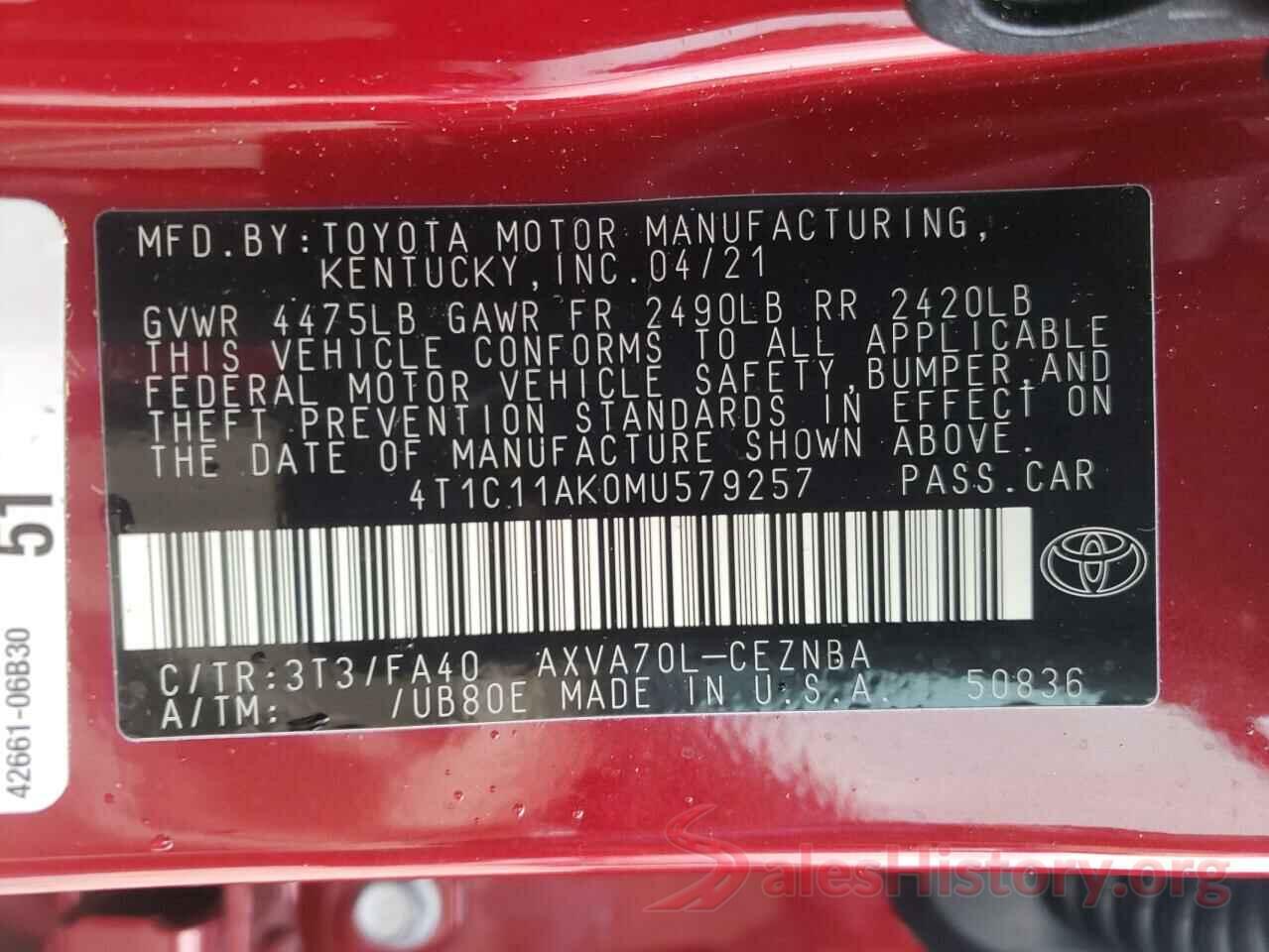 4T1C11AK0MU579257 2021 TOYOTA CAMRY