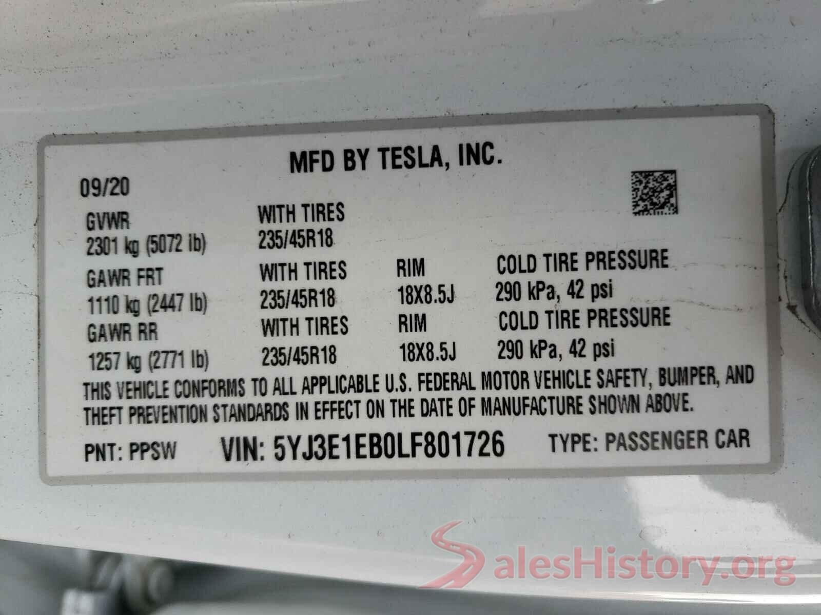 5YJ3E1EB0LF801726 2020 TESLA MODEL 3