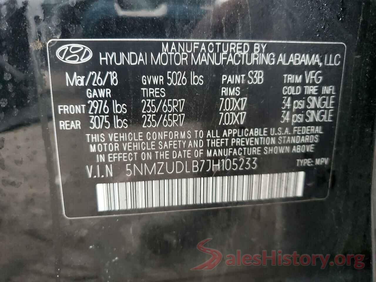 5NMZUDLB7JH105233 2018 HYUNDAI SANTA FE