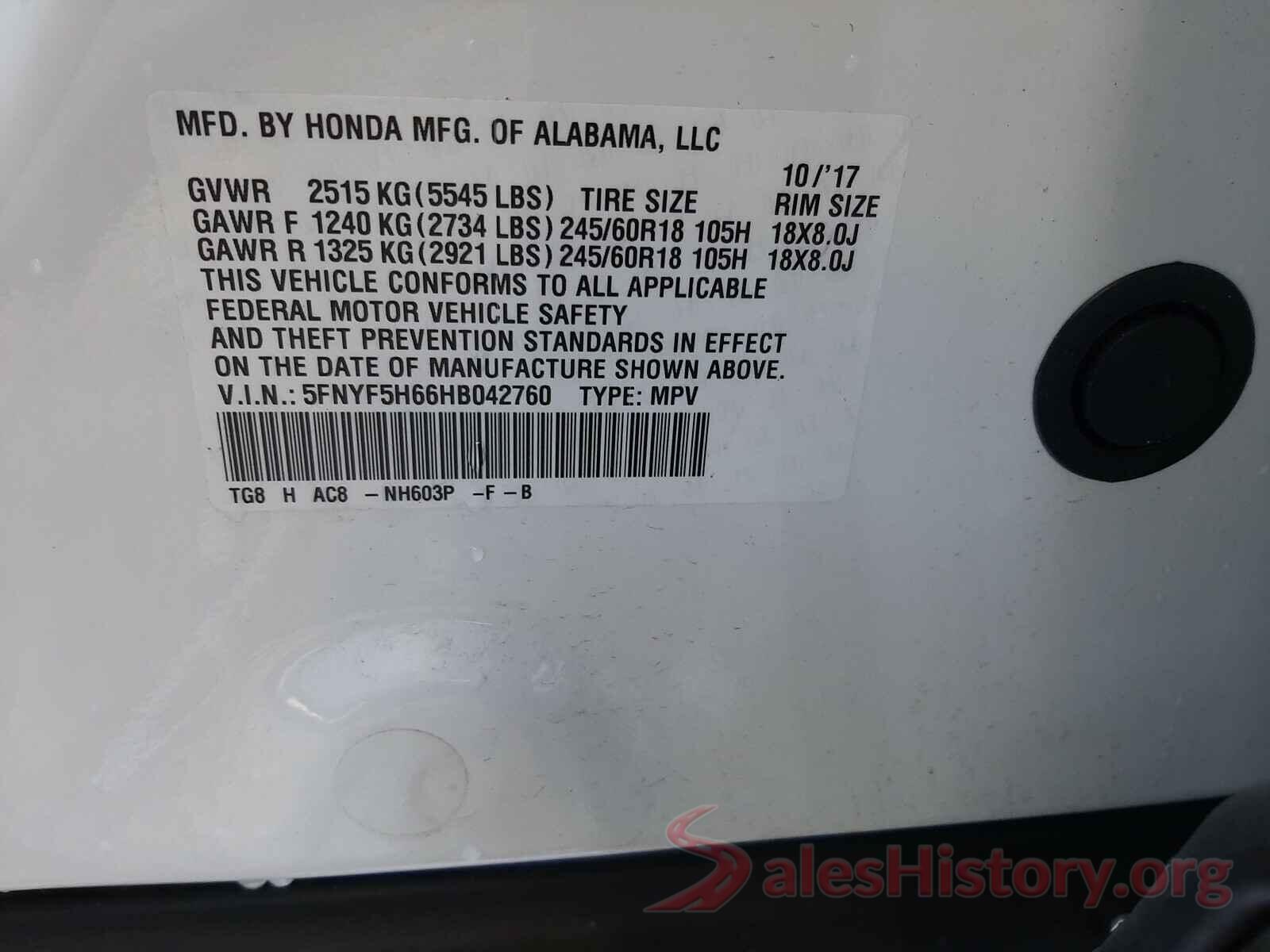 5FNYF5H66HB042760 2017 HONDA PILOT