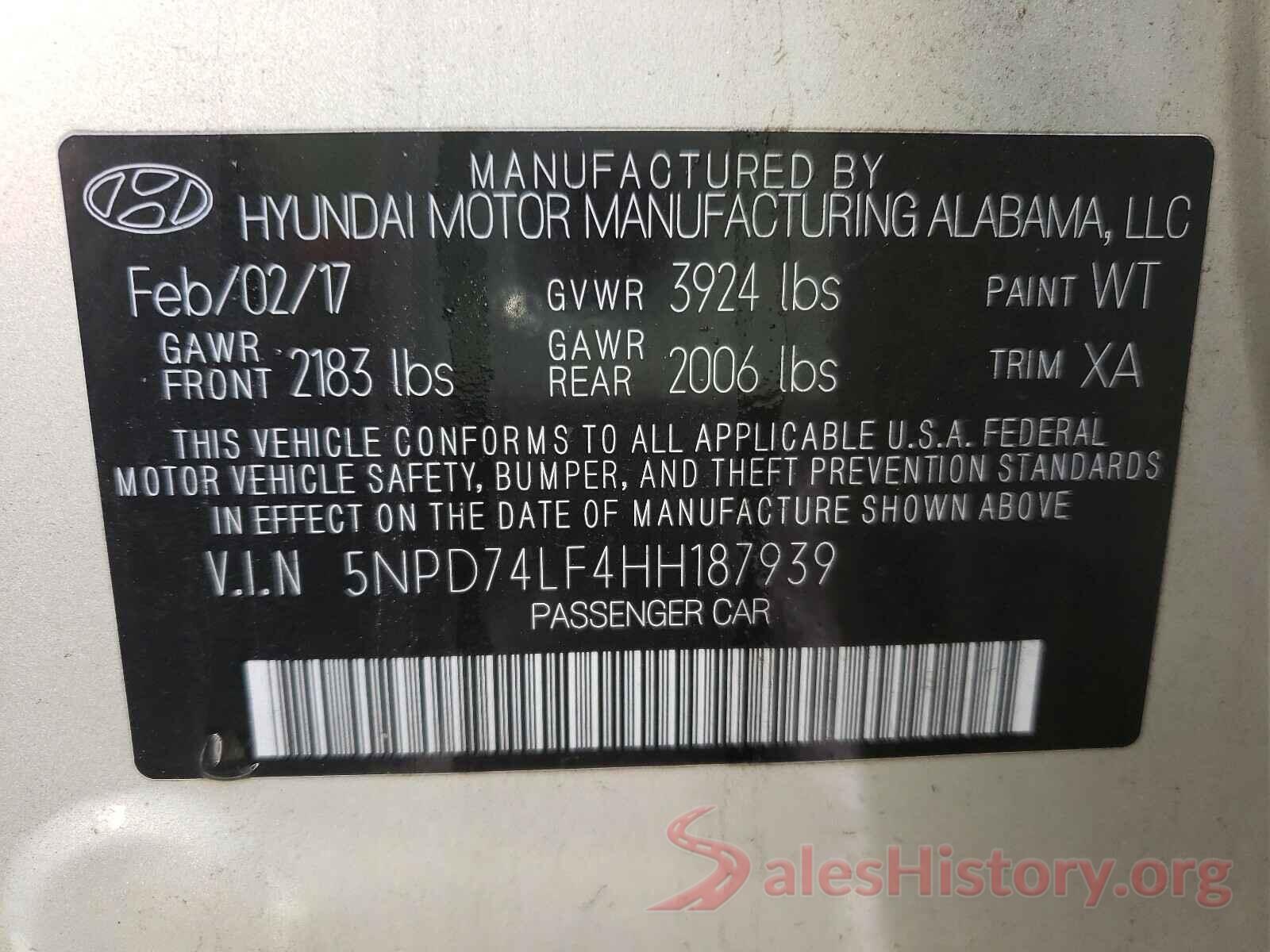 5NPD74LF4HH187939 2017 HYUNDAI ELANTRA