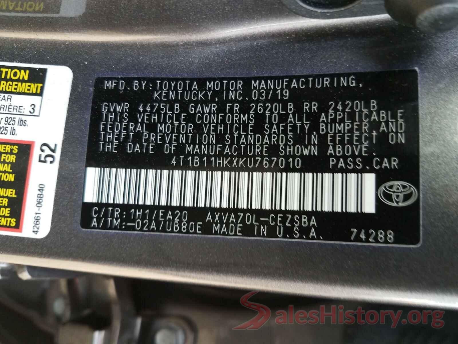 4T1B11HKXKU767010 2019 TOYOTA CAMRY