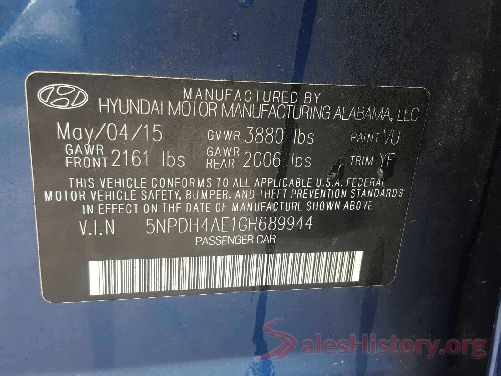 5NPDH4AE1GH689944 2016 HYUNDAI ELANTRA