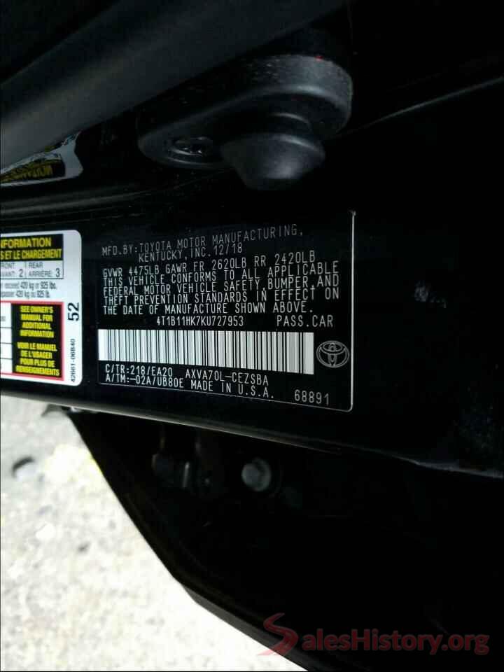 4T1B11HK7KU727953 2019 TOYOTA CAMRY