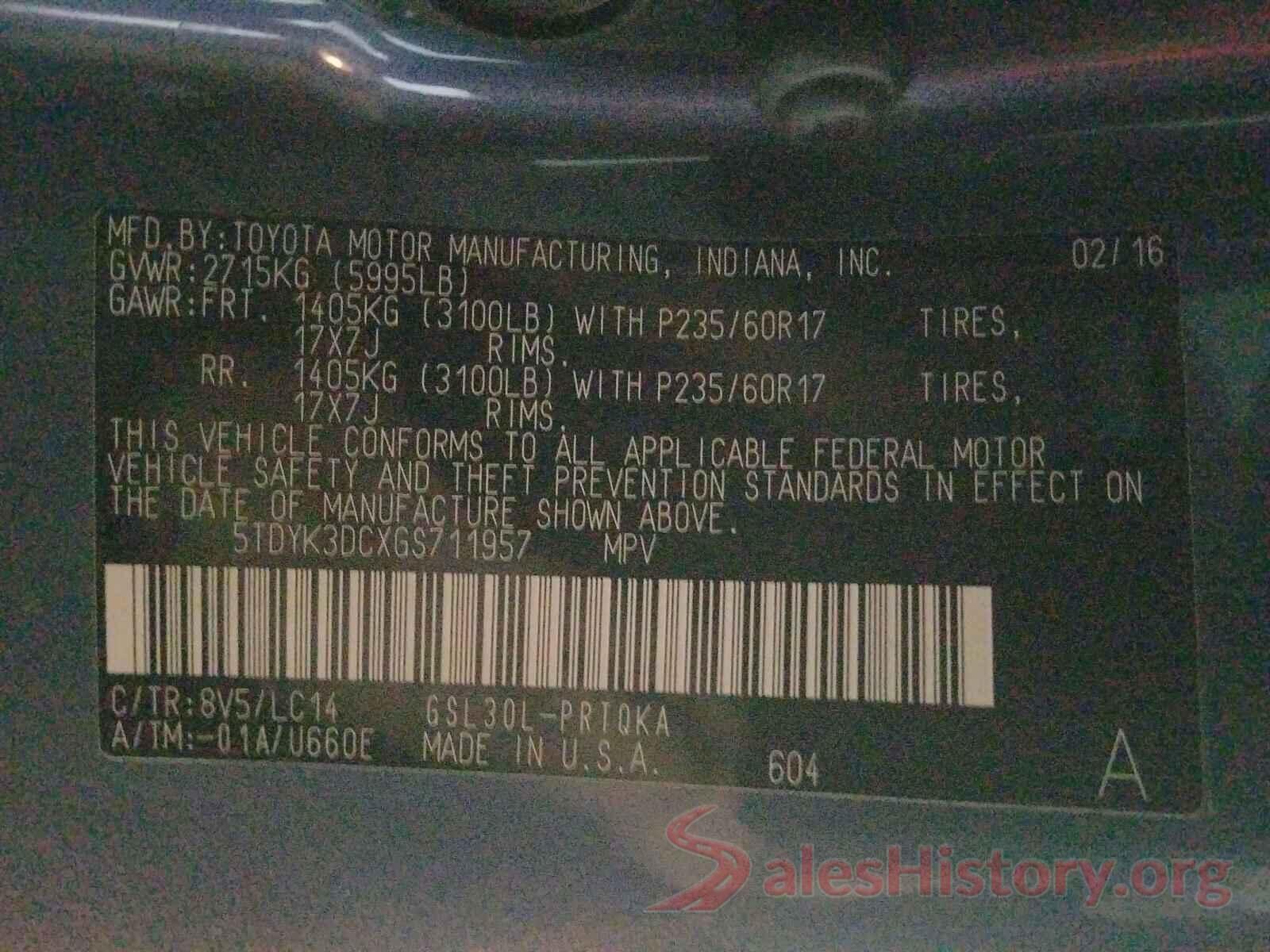 5TDYK3DCXGS711957 2016 TOYOTA SIENNA