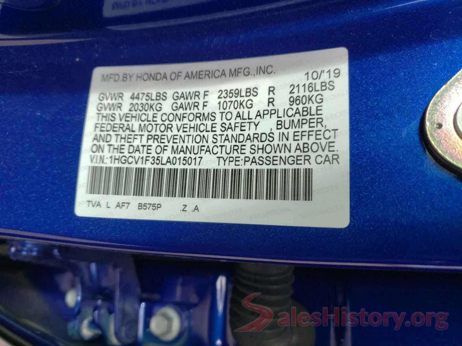 1HGCV1F35LA015017 2020 HONDA ACCORD