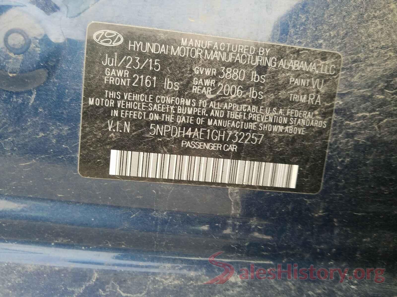 5NPDH4AE1GH732257 2016 HYUNDAI ELANTRA