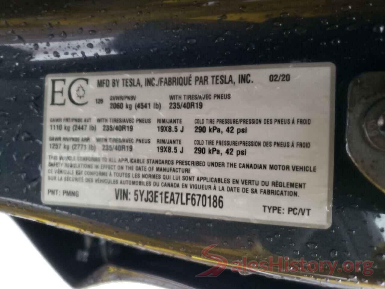 5YJ3E1EA7LF670186 2020 TESLA MODEL 3