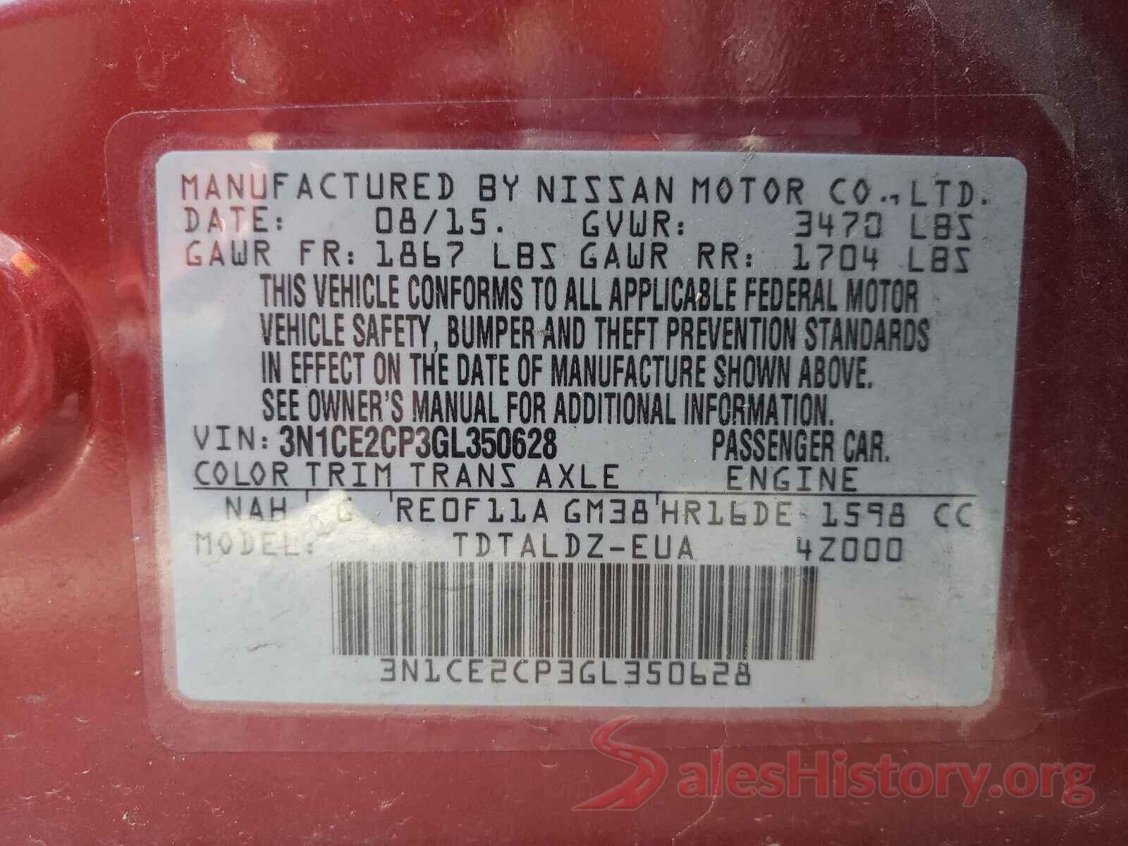 3N1CE2CP3GL350628 2016 NISSAN VERSA