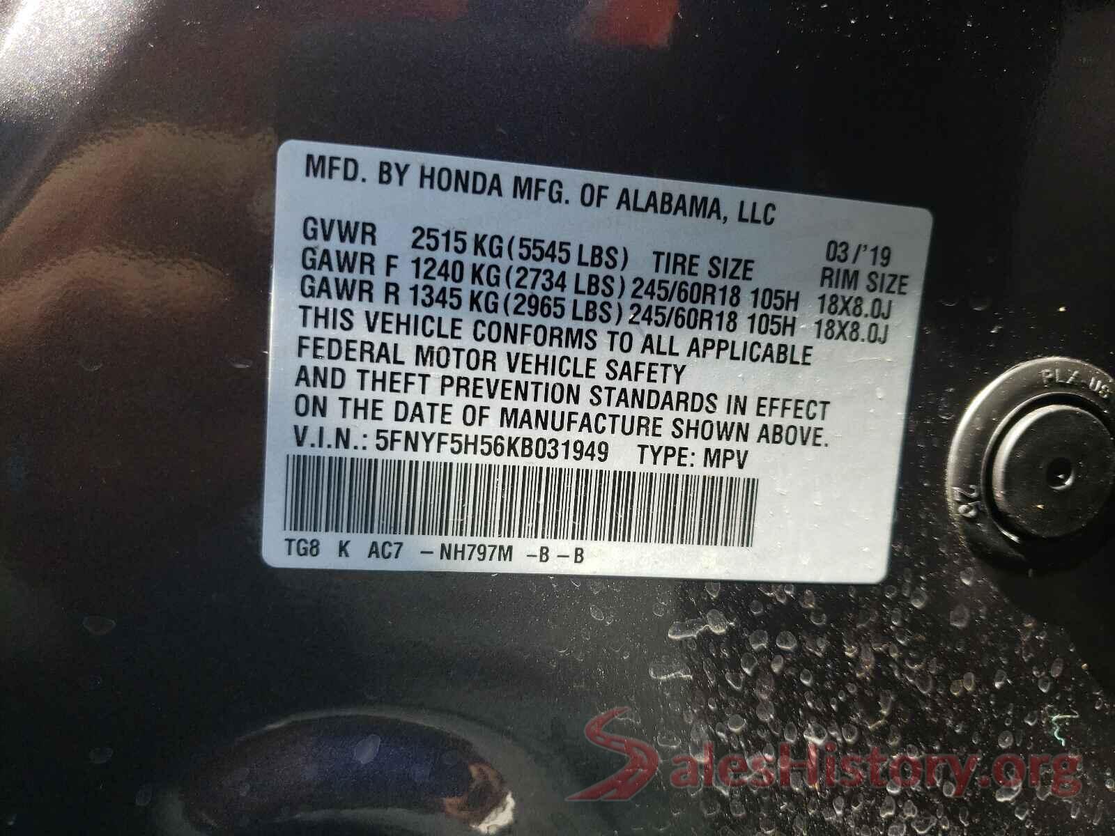 5FNYF5H56KB031949 2019 HONDA PILOT