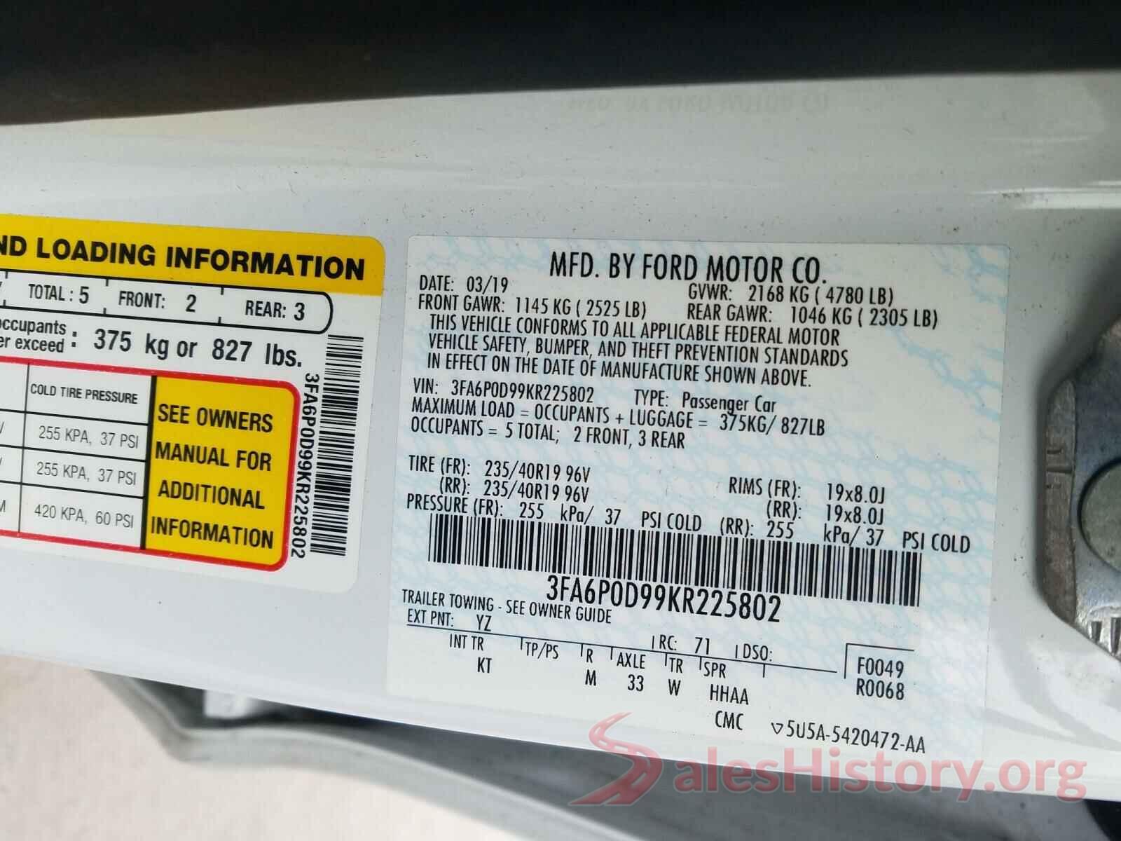 3FA6P0D99KR225802 2019 FORD FUSION