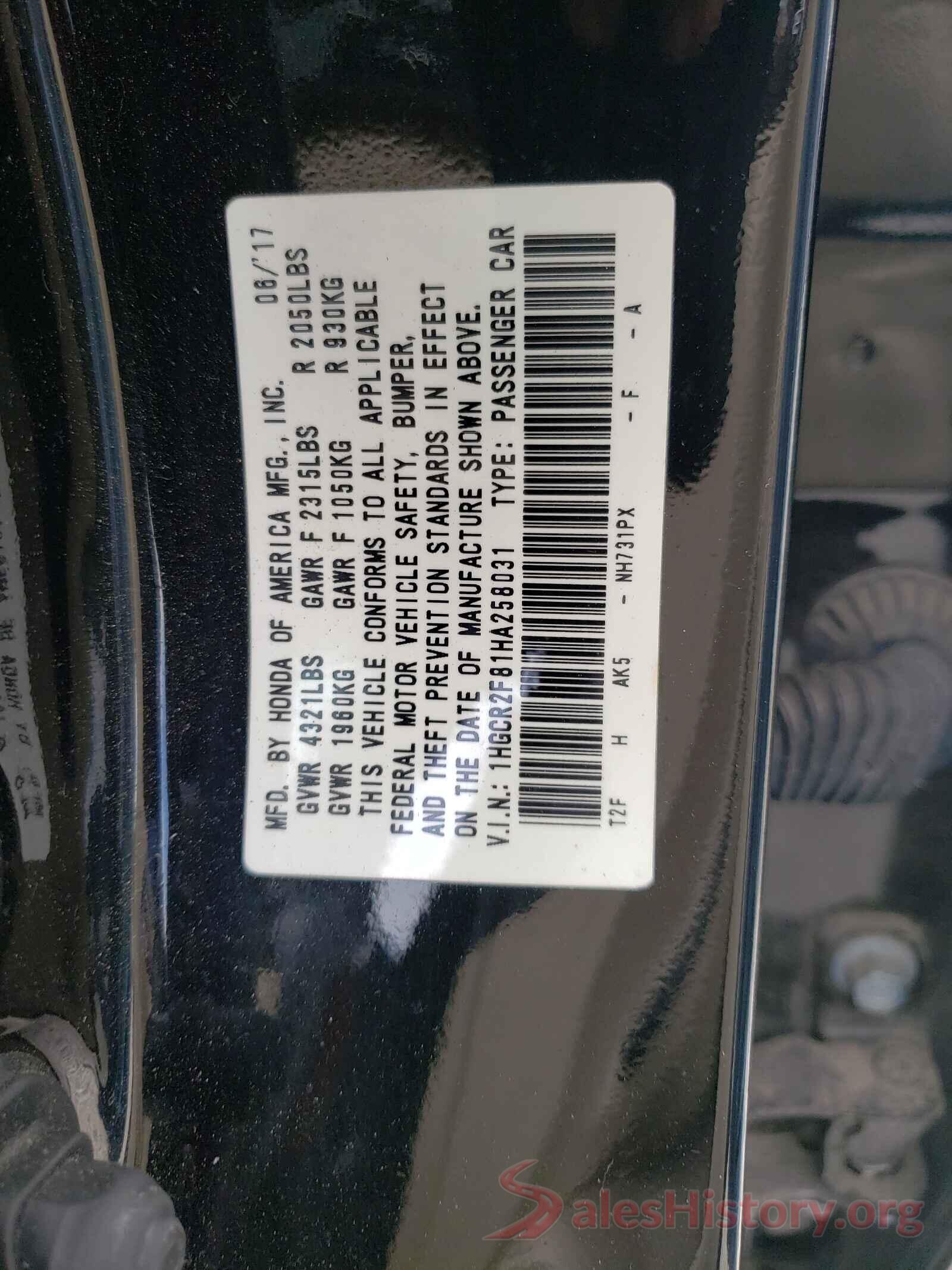 1HGCR2F81HA258031 2017 HONDA ACCORD