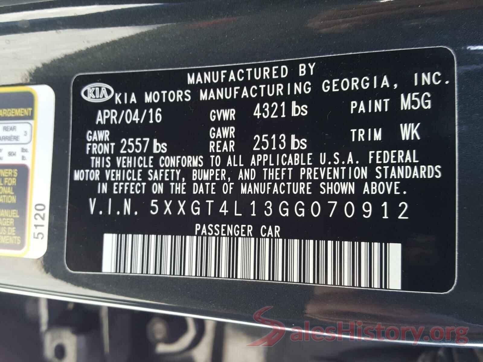 5XXGT4L13GG070912 2016 KIA OPTIMA