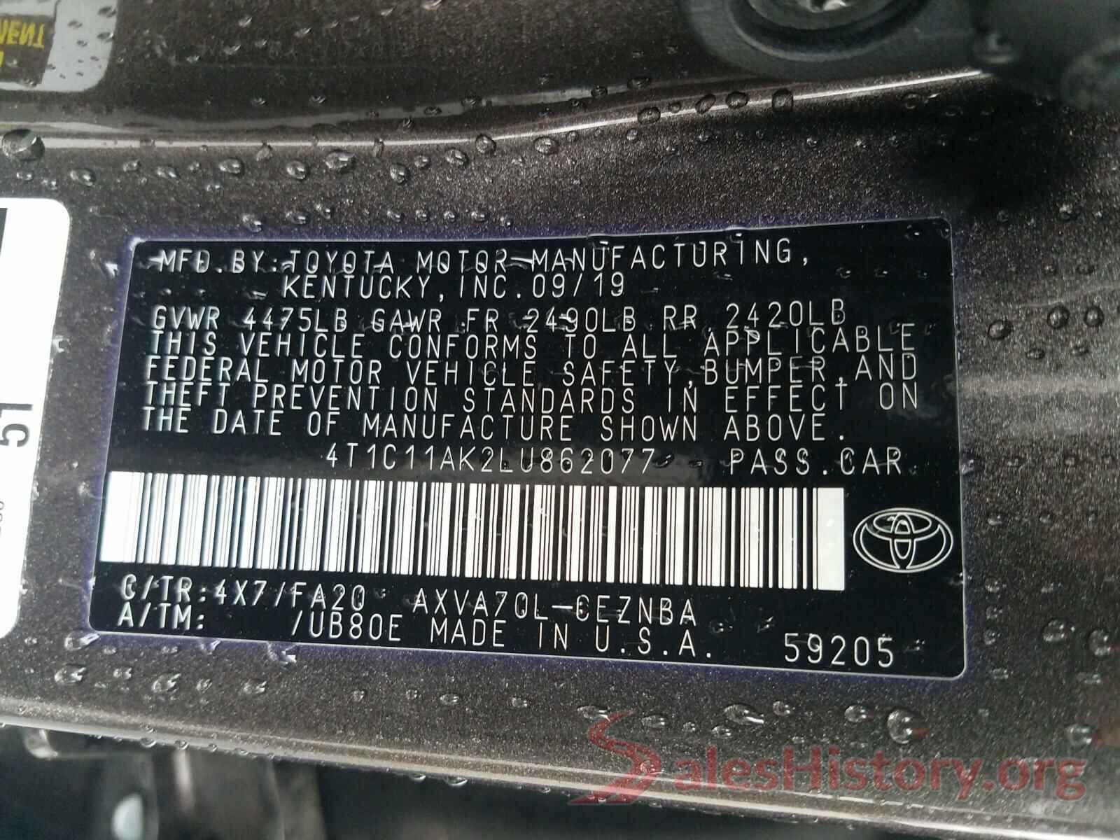 4T1C11AK2LU862077 2020 TOYOTA CAMRY