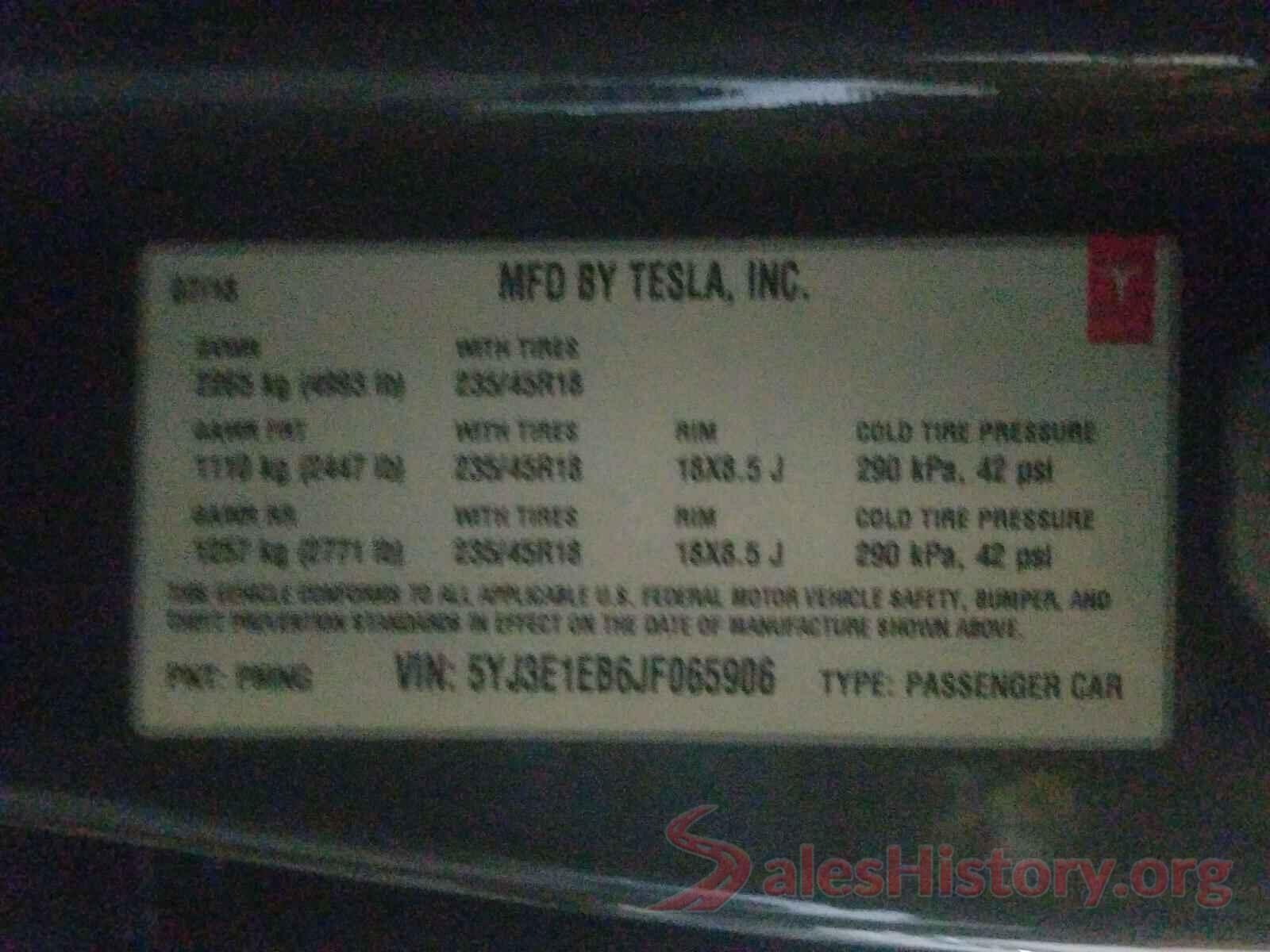 5YJ3E1EB6JF065906 2018 TESLA MODEL 3