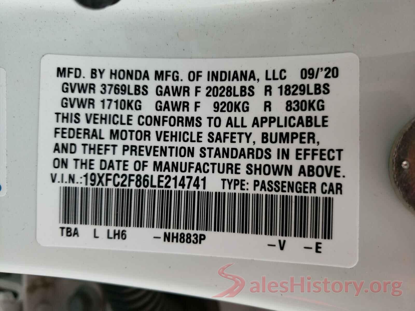 19XFC2F86LE214741 2020 HONDA CIVIC