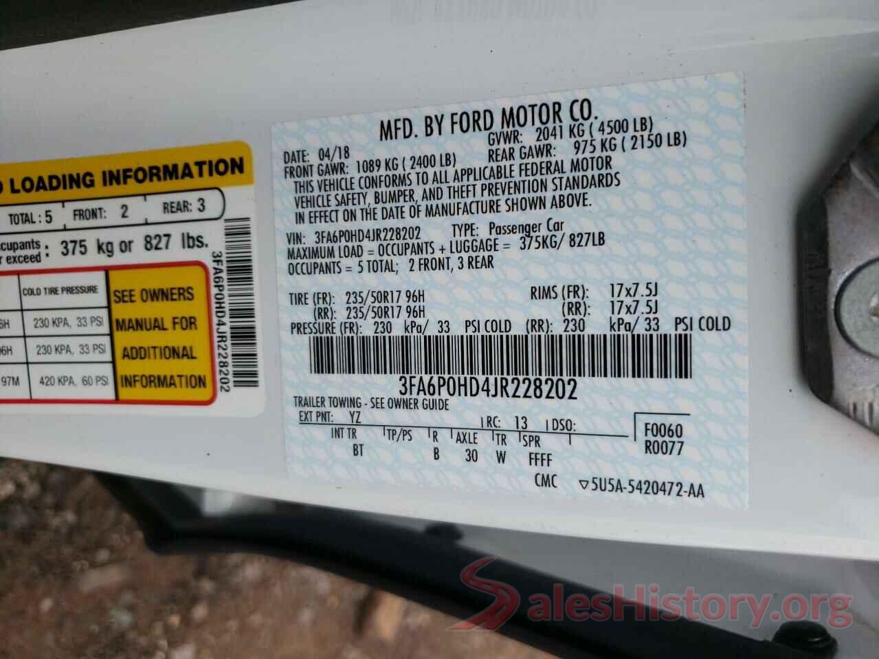 3FA6P0HD4JR228202 2018 FORD FUSION