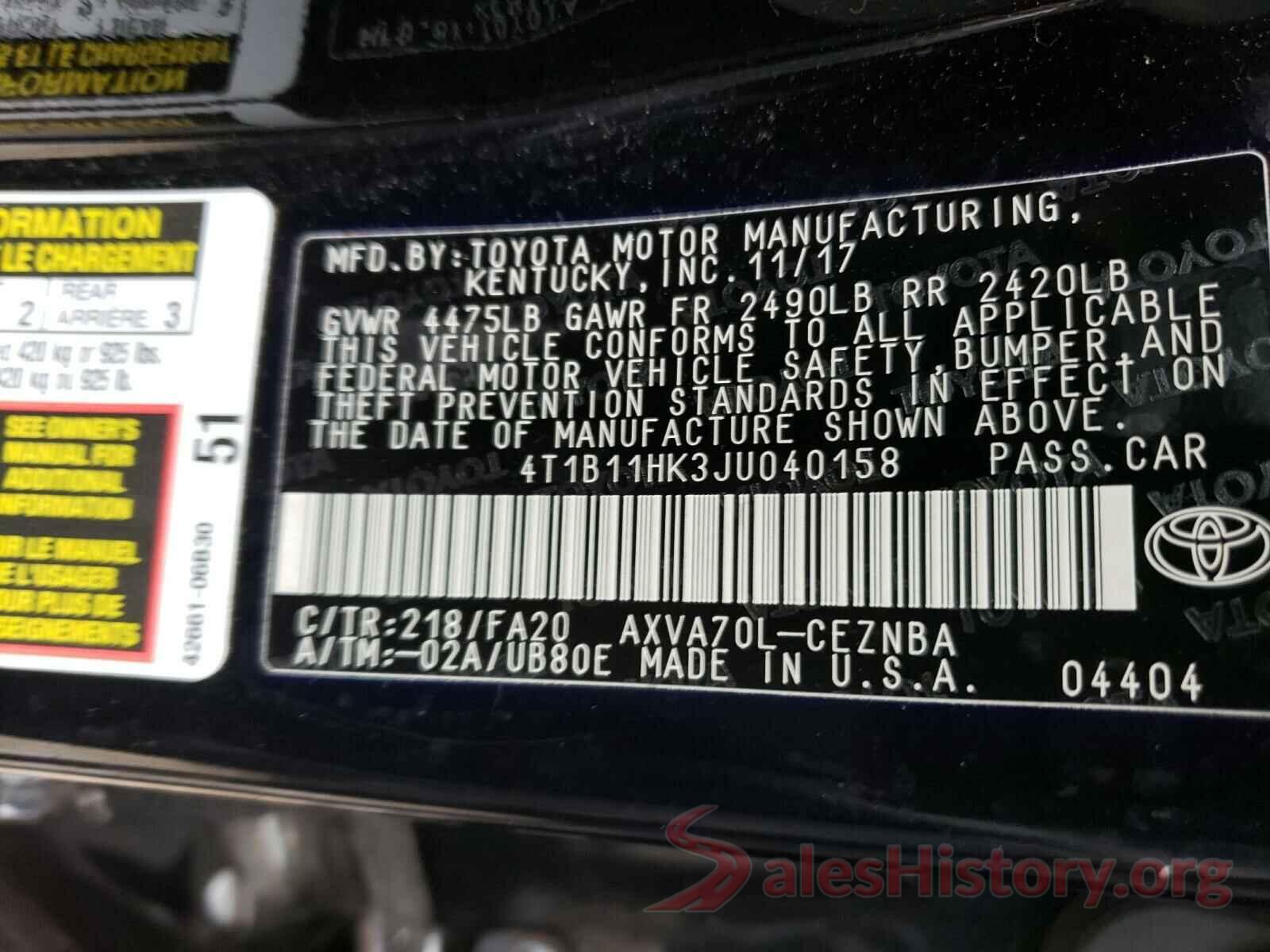 4T1B11HK3JU040158 2018 TOYOTA CAMRY