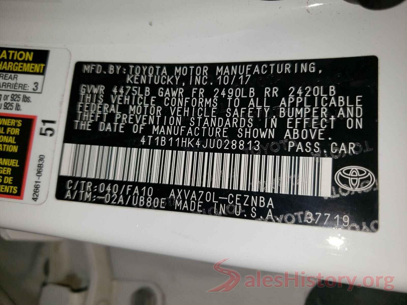 4T1B11HK4JU028813 2018 TOYOTA CAMRY