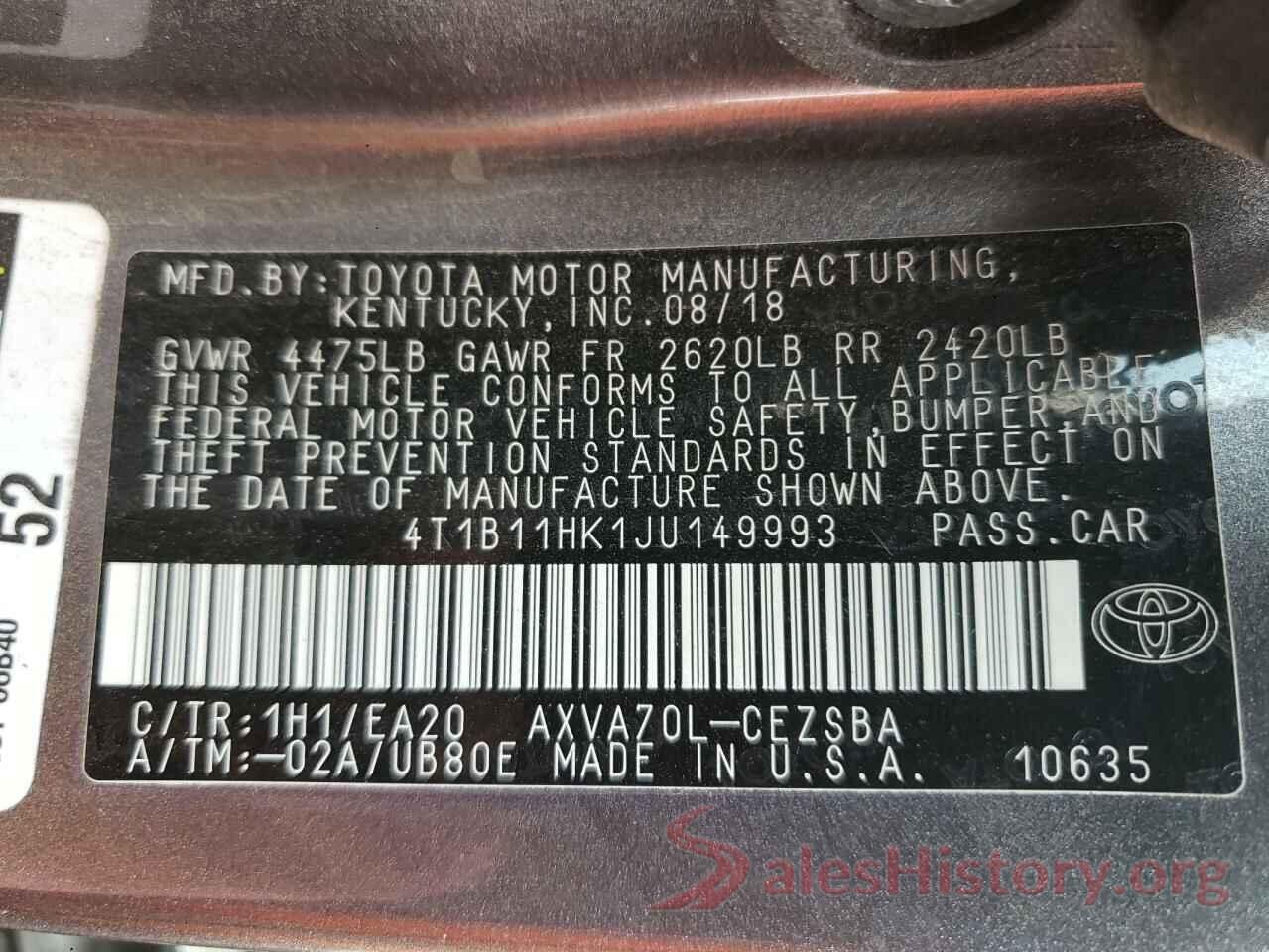 4T1B11HK1JU149993 2018 TOYOTA CAMRY