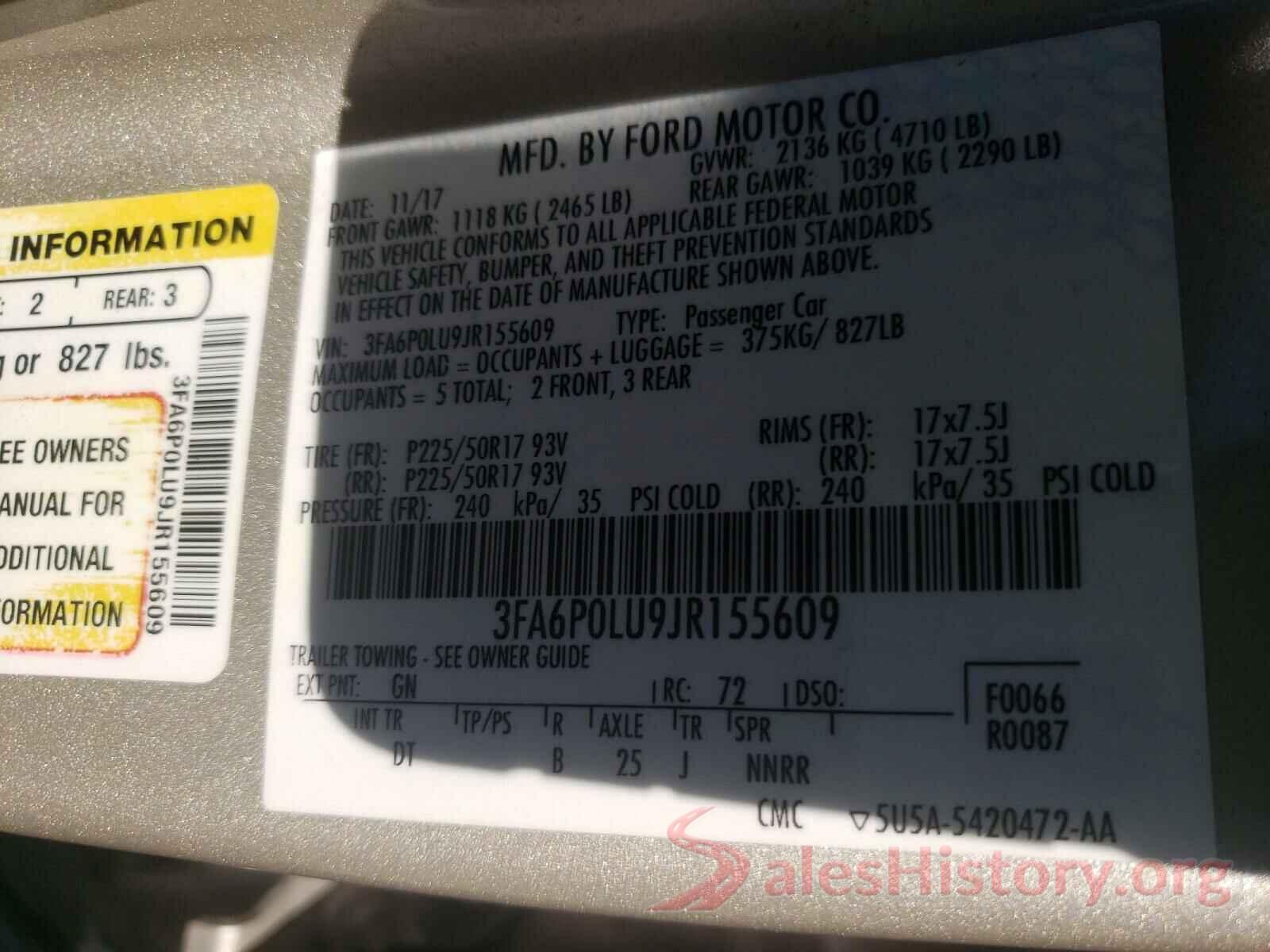 3FA6P0LU9JR155609 2018 FORD FUSION