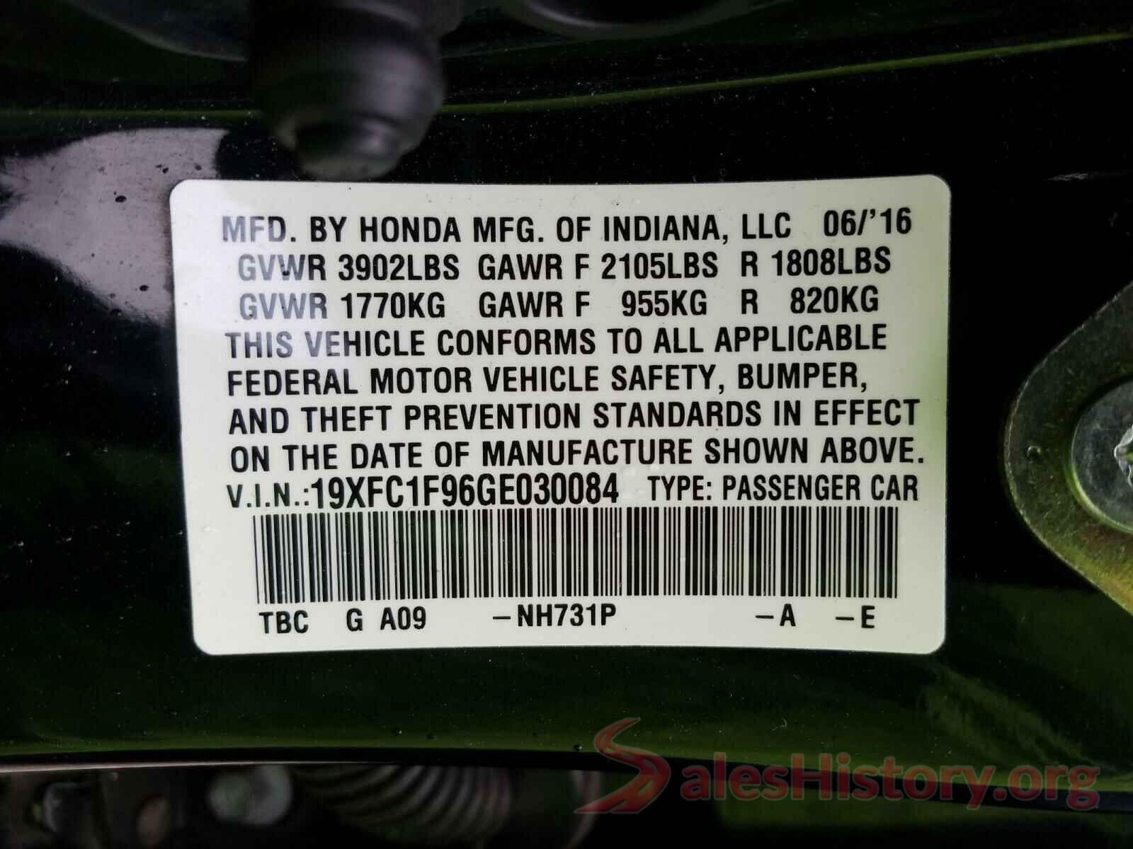 19XFC1F96GE030084 2016 HONDA CIVIC