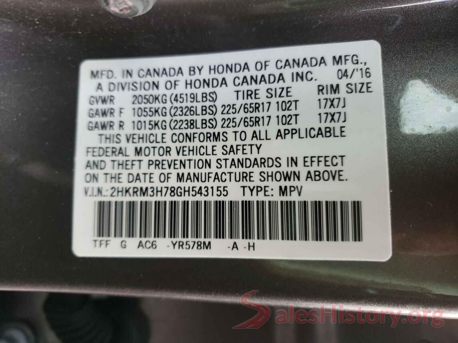 2HKRM3H78GH543155 2016 HONDA CRV