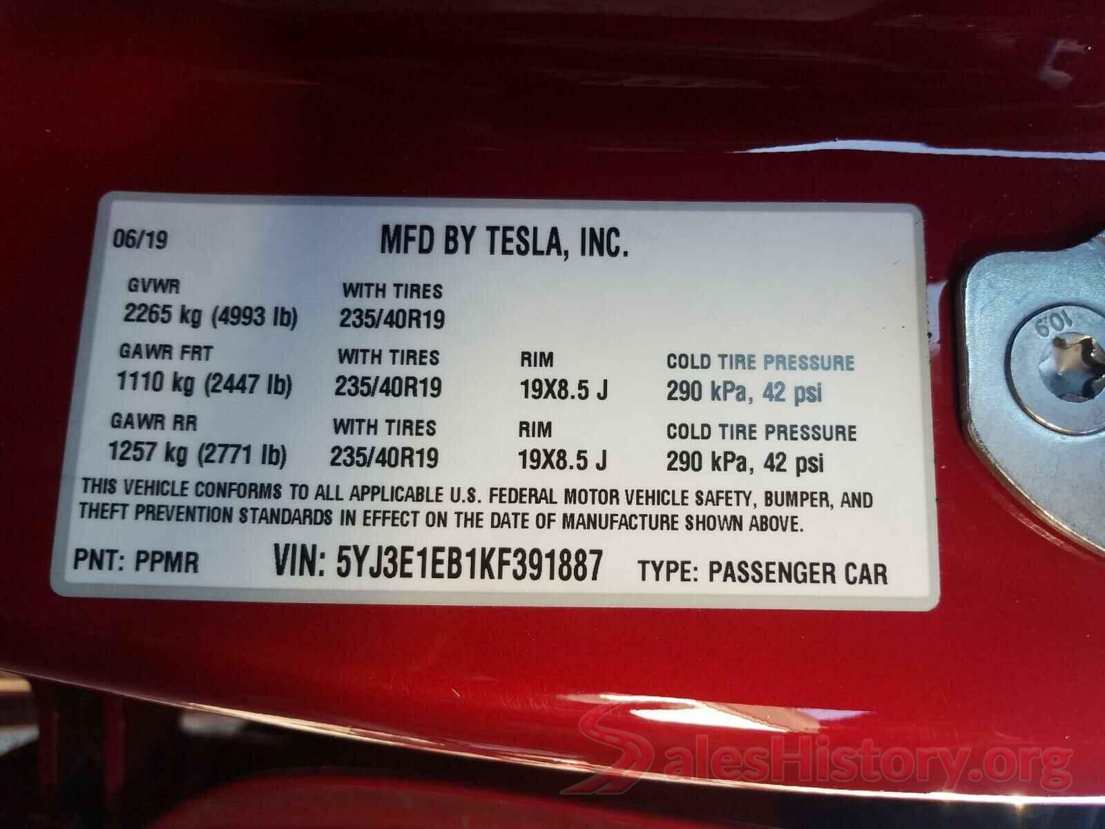 5YJ3E1EB1KF391887 2019 TESLA MODEL 3