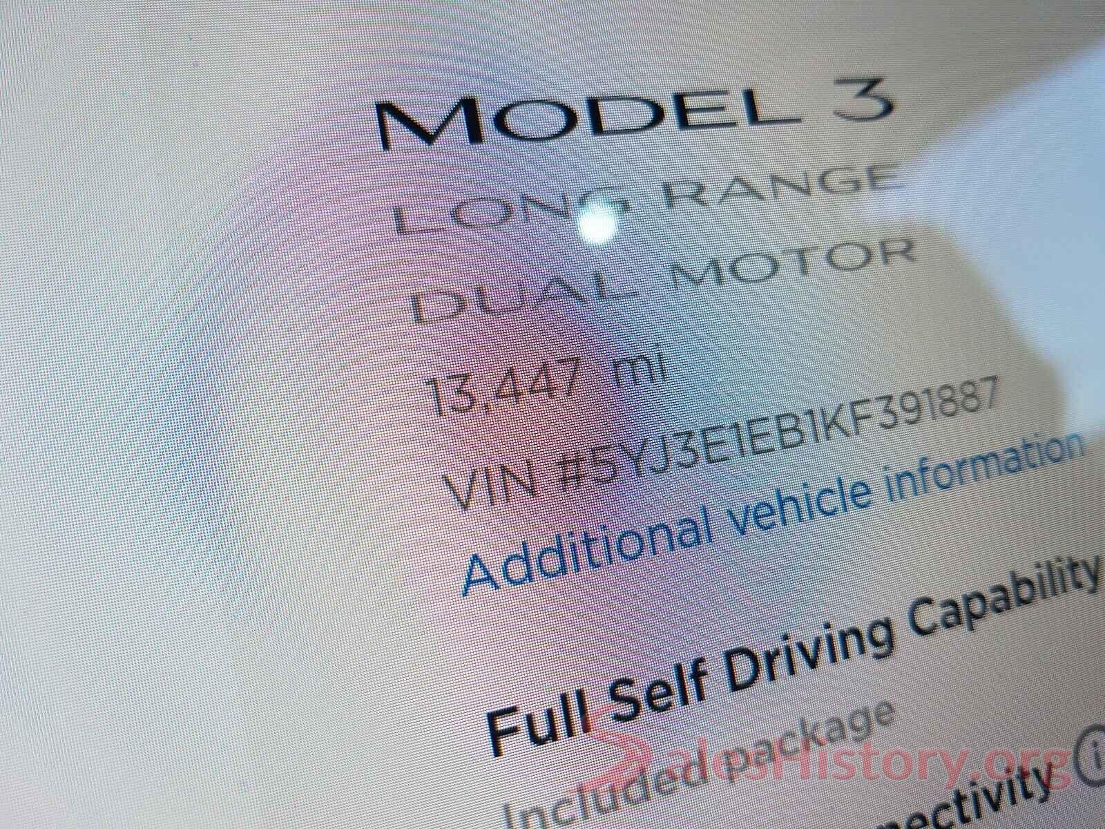 5YJ3E1EB1KF391887 2019 TESLA MODEL 3