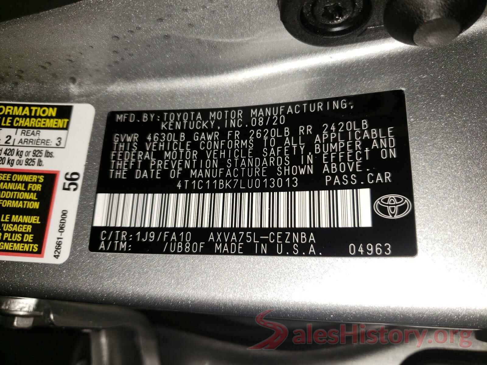 4T1C11BK7LU013013 2020 TOYOTA CAMRY