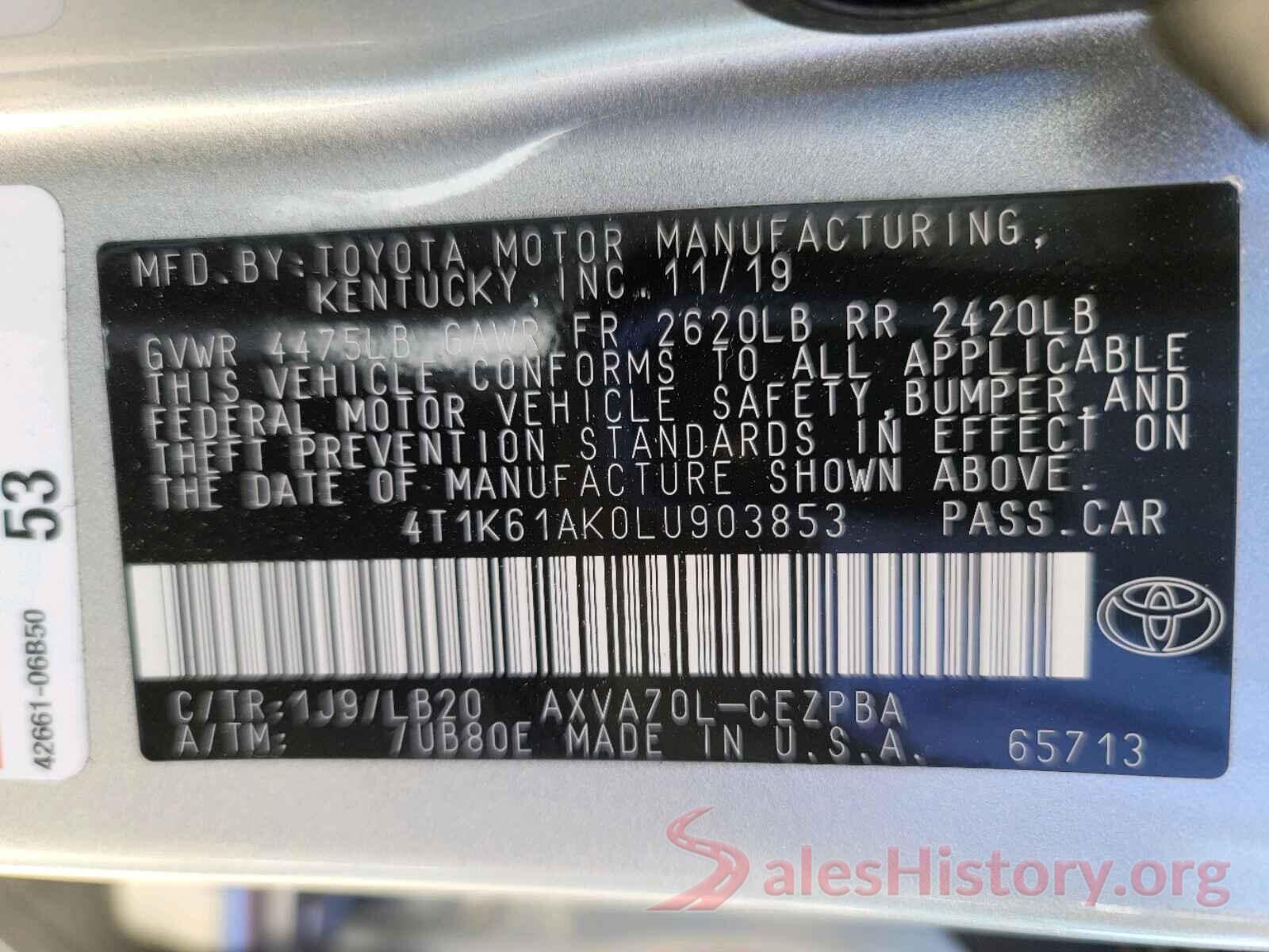 4T1K61AK0LU903853 2020 TOYOTA CAMRY