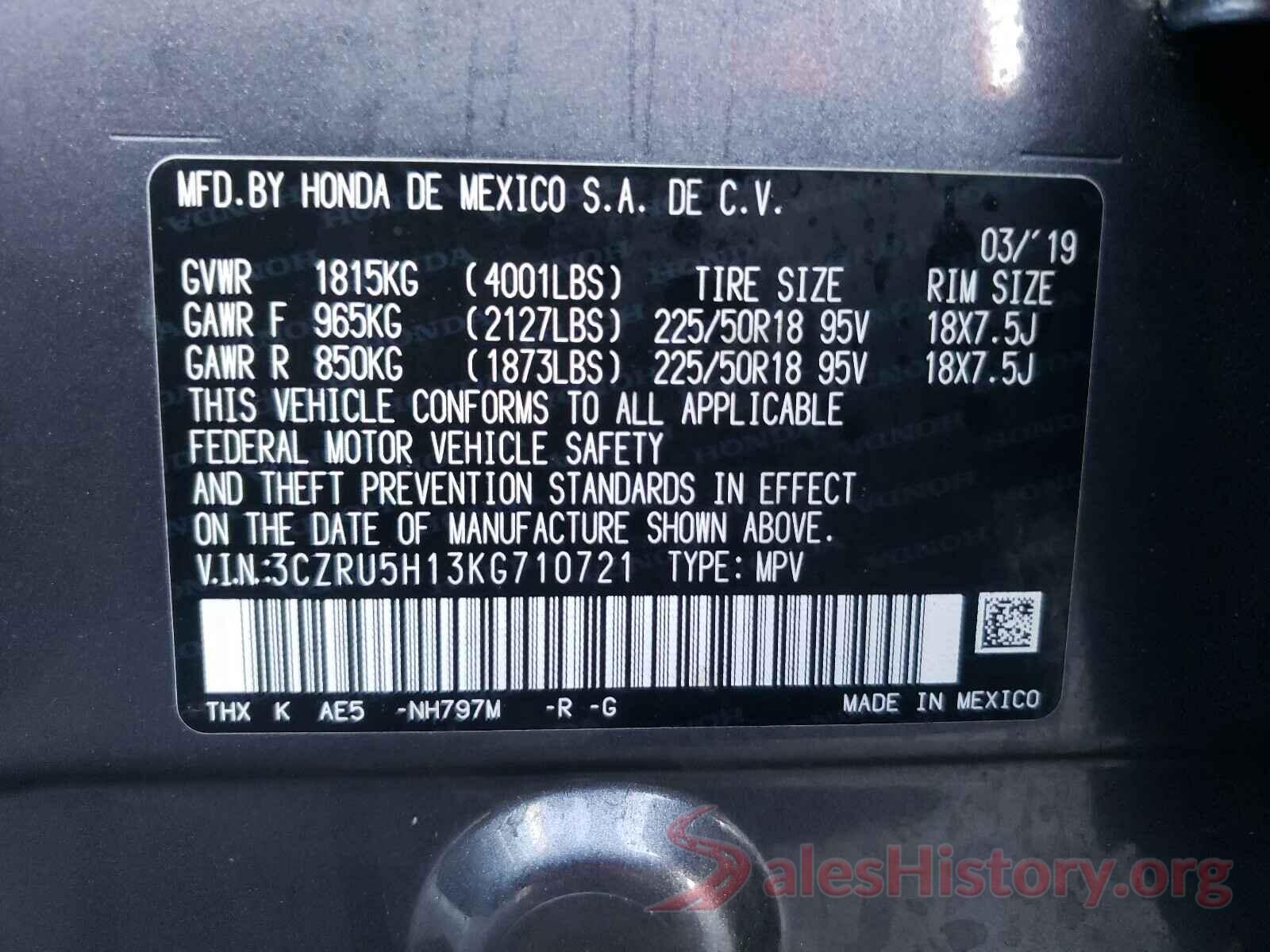 3CZRU5H13KG710721 2019 HONDA HR-V