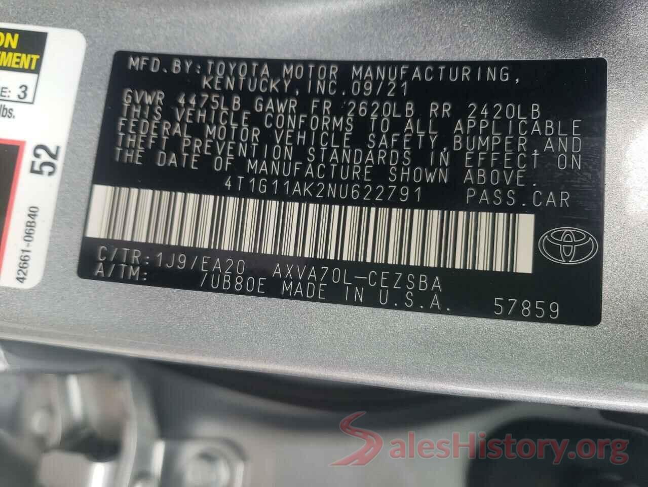 4T1G11AK2NU622791 2022 TOYOTA CAMRY