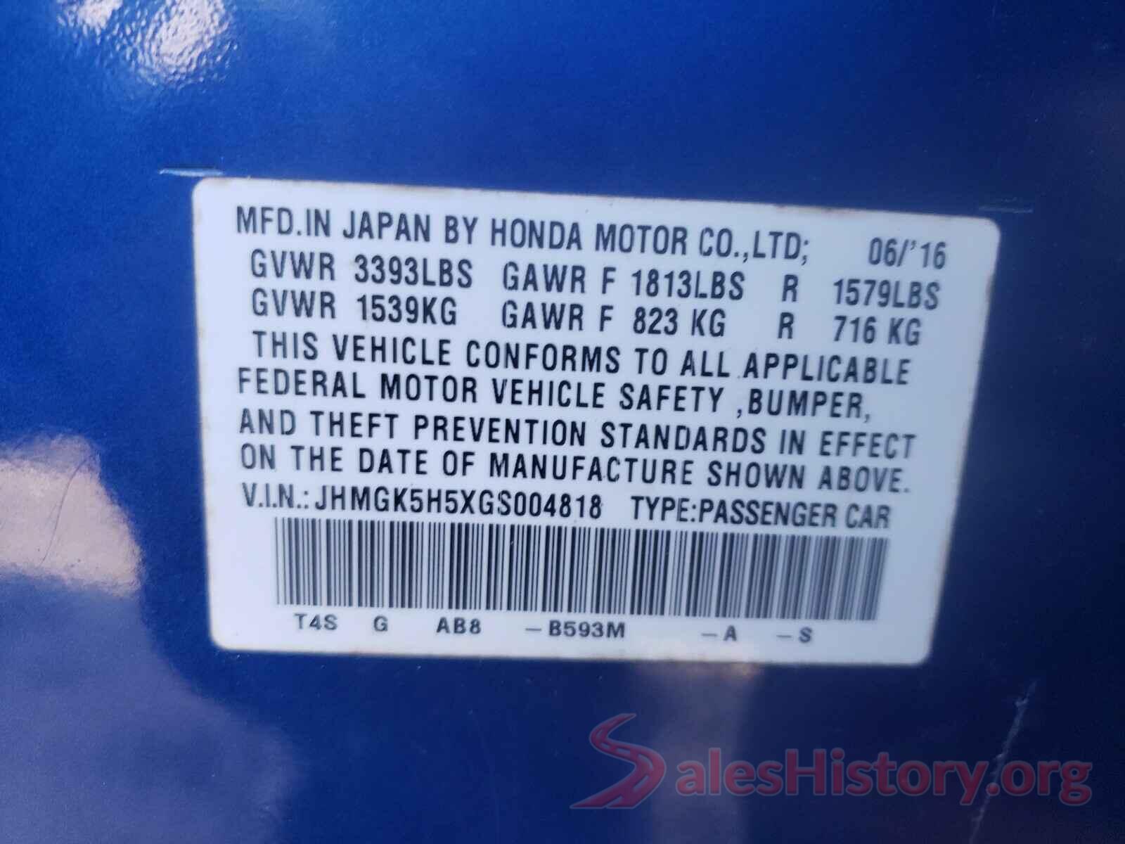 JHMGK5H5XGS004818 2016 HONDA FIT