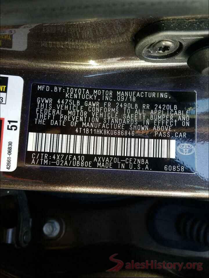 4T1B11HK8KU686846 2019 TOYOTA CAMRY