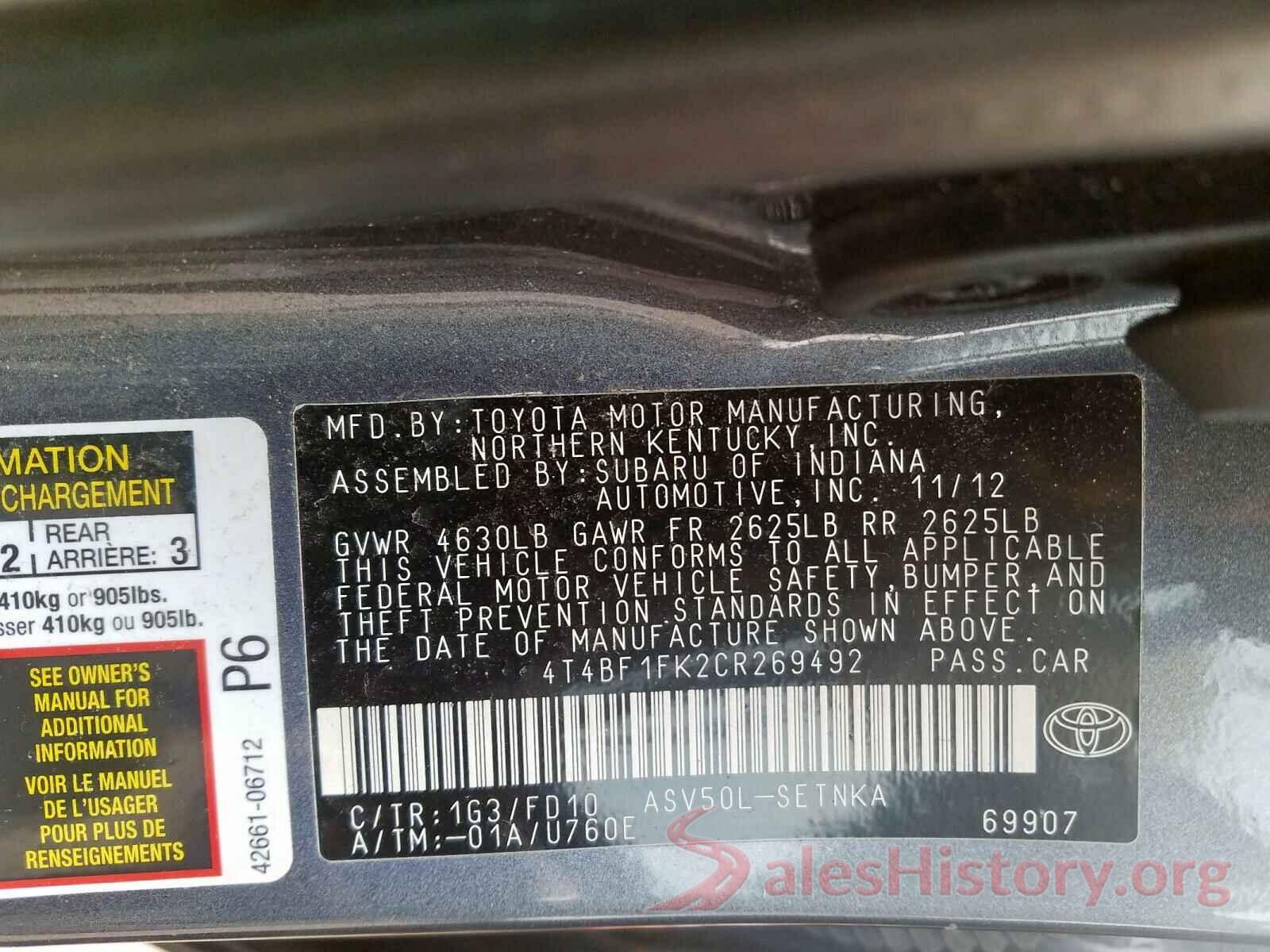 4T4BF1FK2CR269492 2012 TOYOTA CAMRY BASE