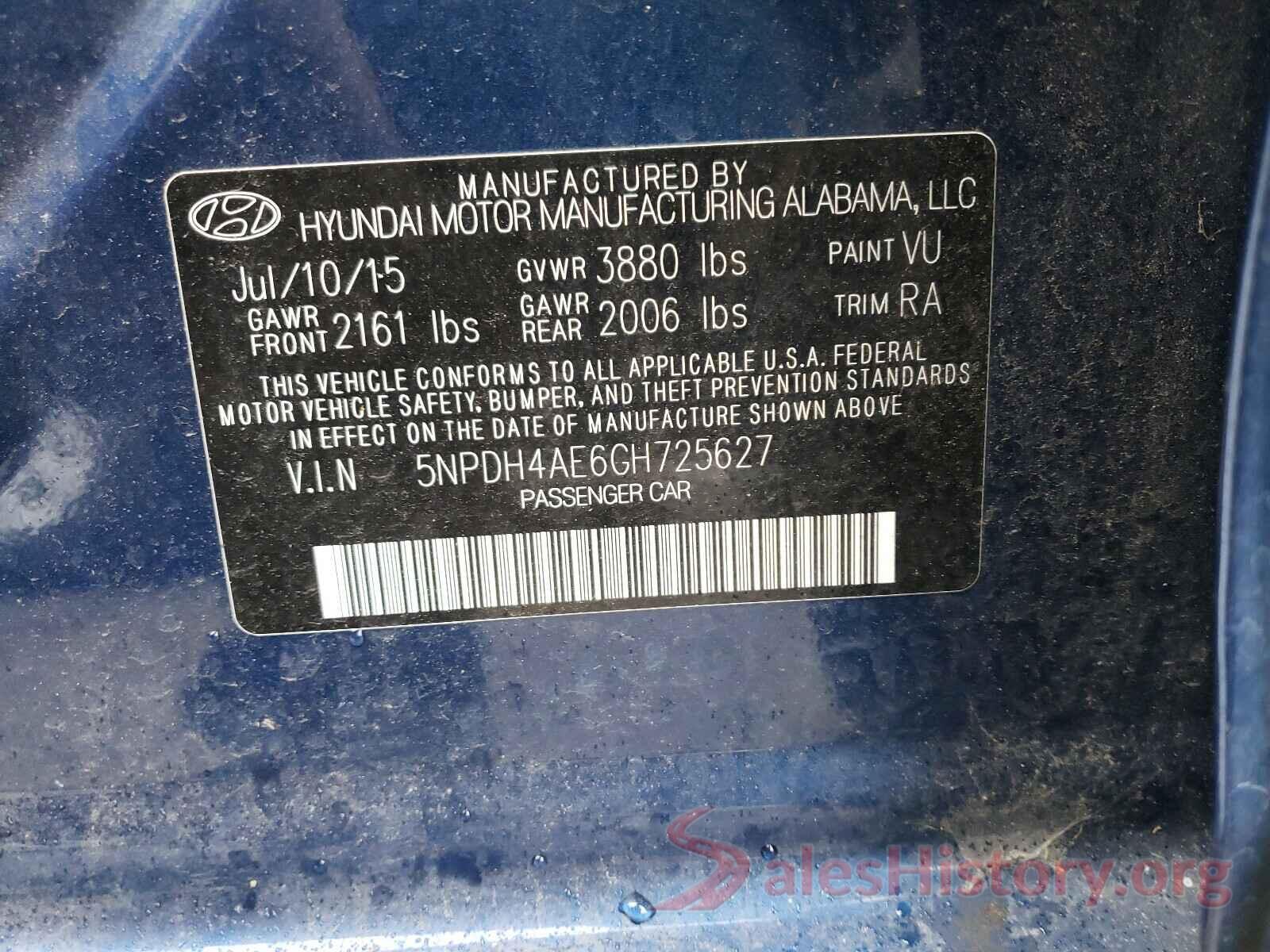 5NPDH4AE6GH725627 2016 HYUNDAI ELANTRA