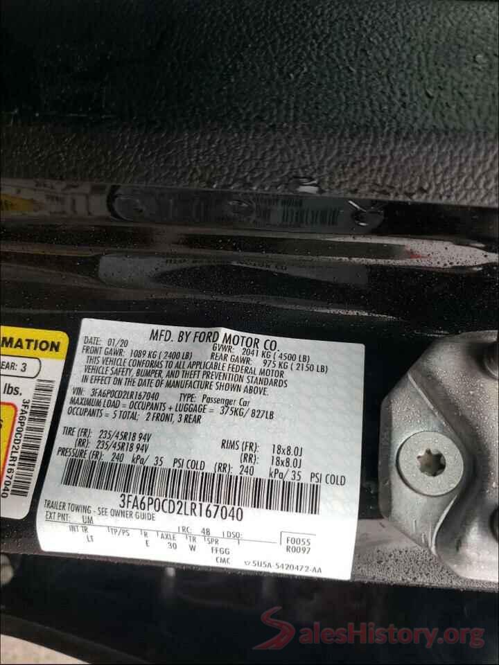 3FA6P0CD2LR167040 2020 FORD FUSION