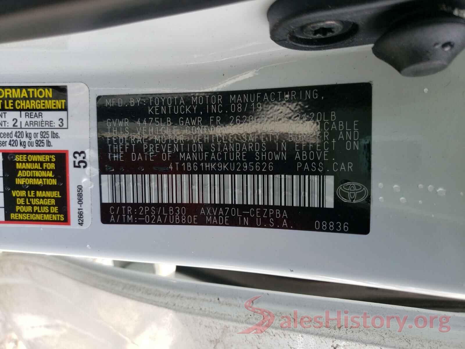 4T1B61HK9KU295626 2019 TOYOTA CAMRY