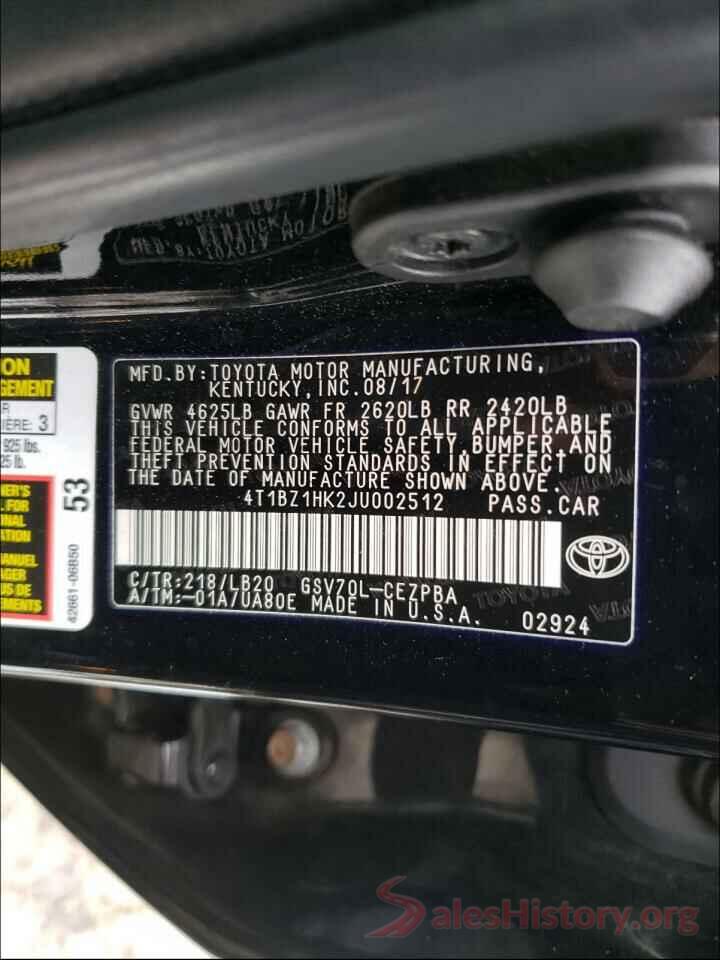 4T1BZ1HK2JU002512 2018 TOYOTA CAMRY