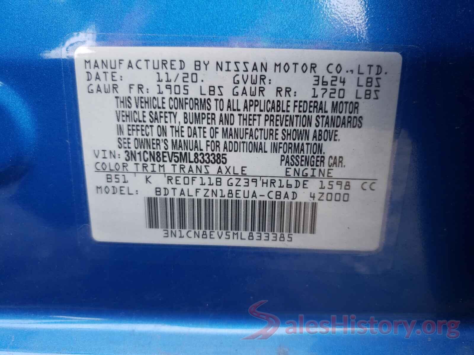 3N1CN8EV5ML833385 2021 NISSAN VERSA