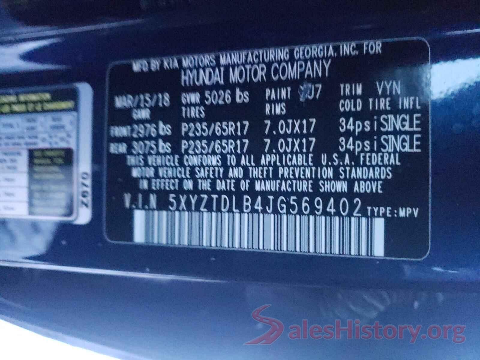 5XYZTDLB4JG569402 2018 HYUNDAI SANTA FE