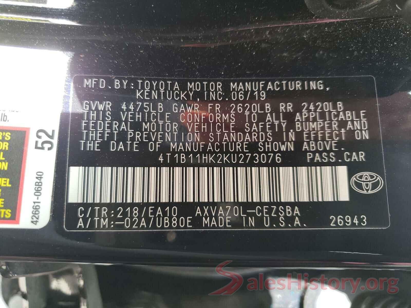 4T1B11HK2KU273076 2019 TOYOTA CAMRY