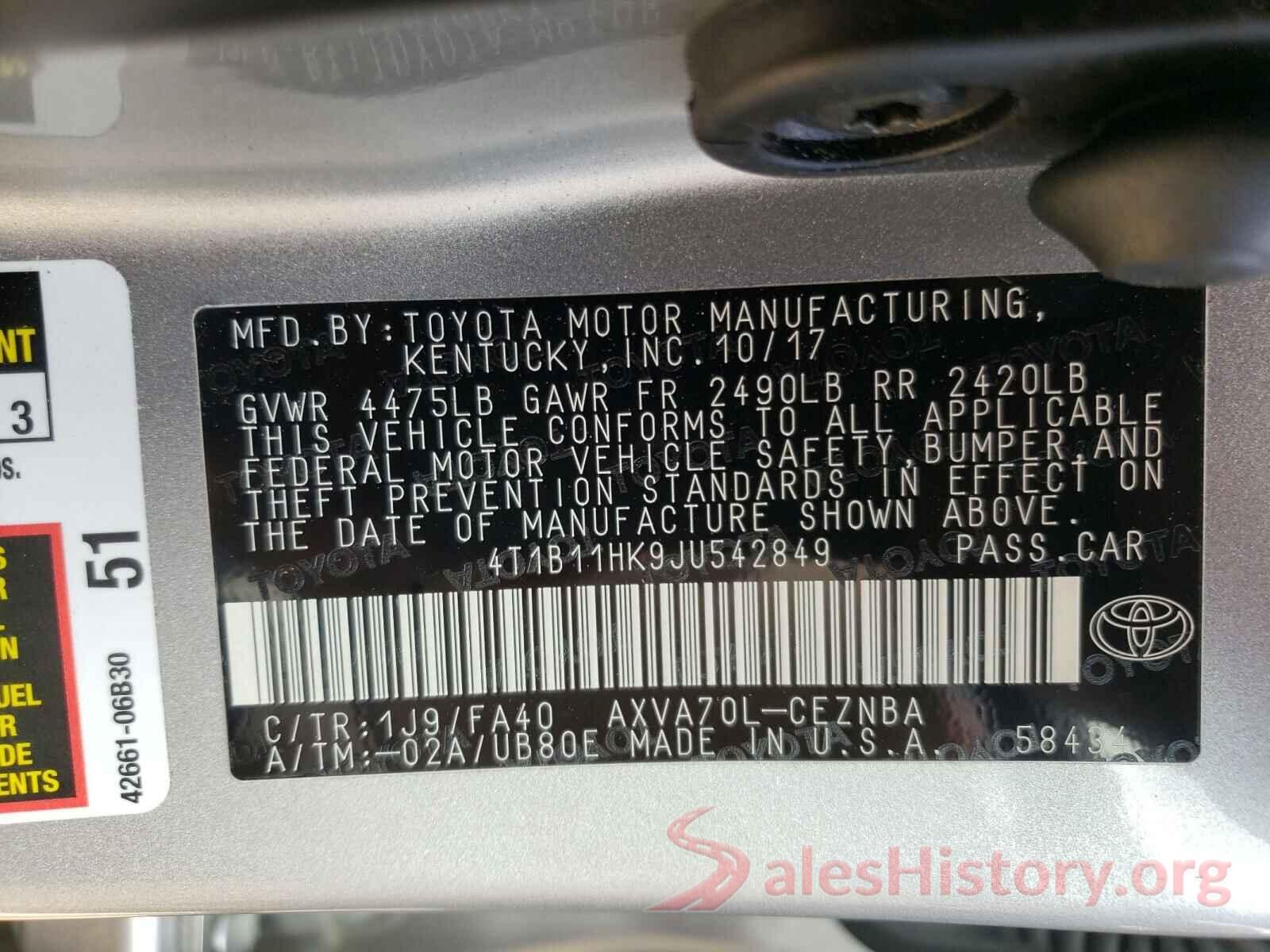 4T1B11HK9JU542849 2018 TOYOTA CAMRY