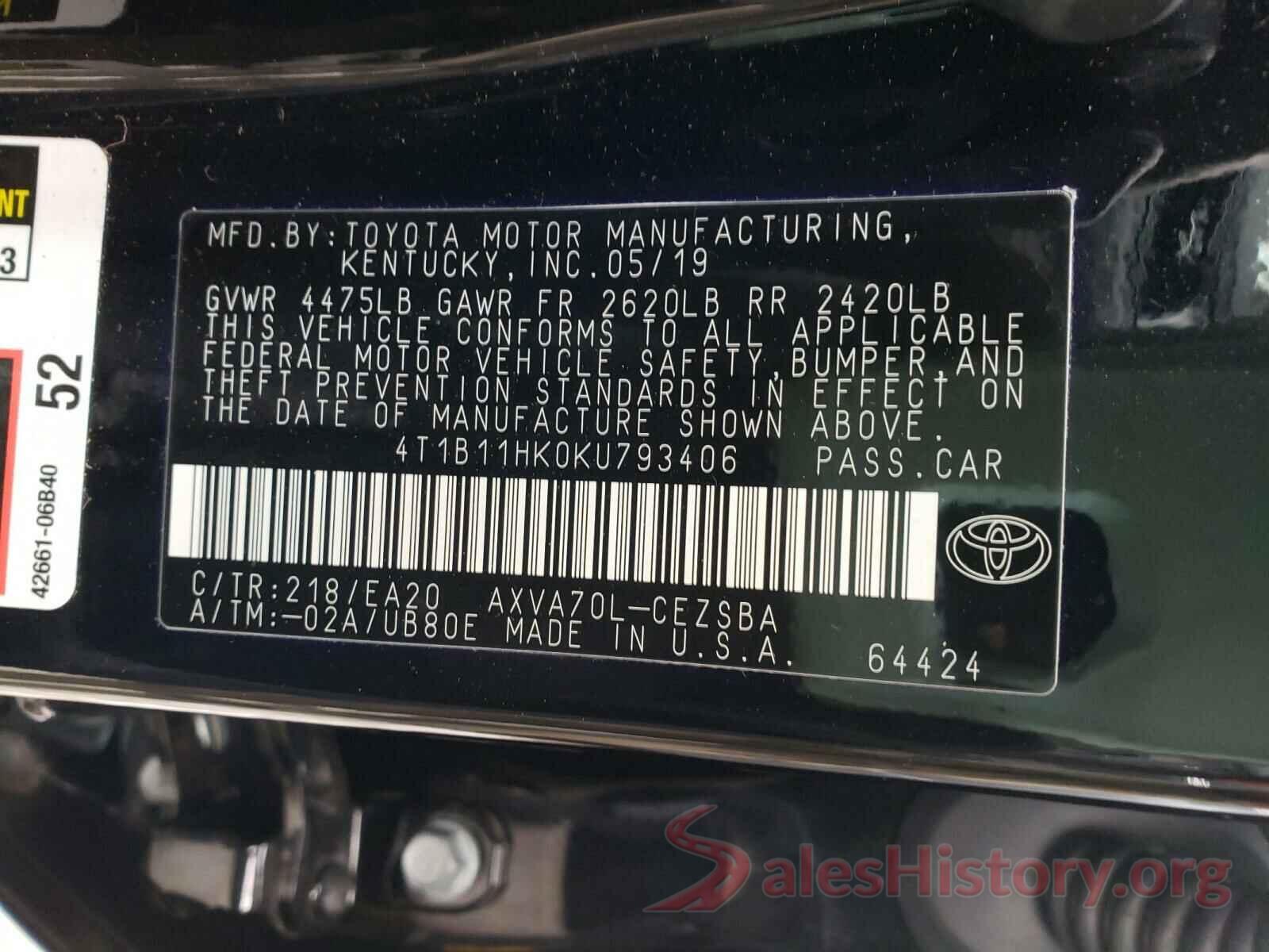 4T1B11HK0KU793406 2019 TOYOTA CAMRY