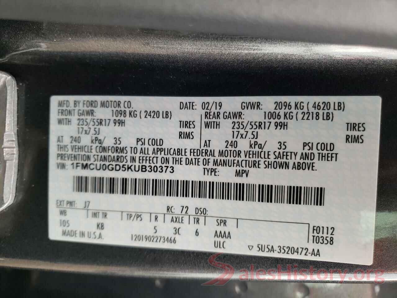 1FMCU0GD5KUB30373 2019 FORD ESCAPE