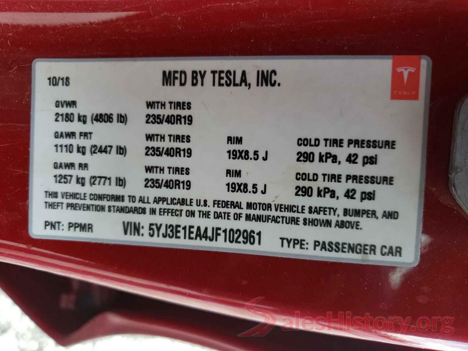 5YJ3E1EA4JF102961 2018 TESLA MODEL 3