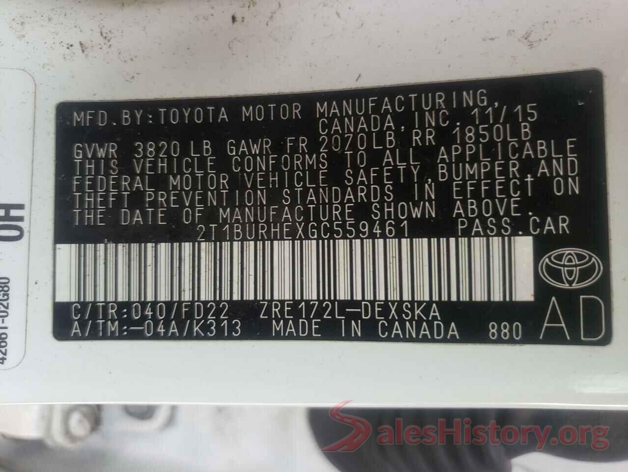 2T1BURHEXGC559461 2016 TOYOTA COROLLA