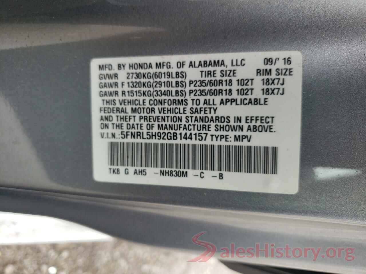 5FNRL5H92GB144157 2016 HONDA ODYSSEY