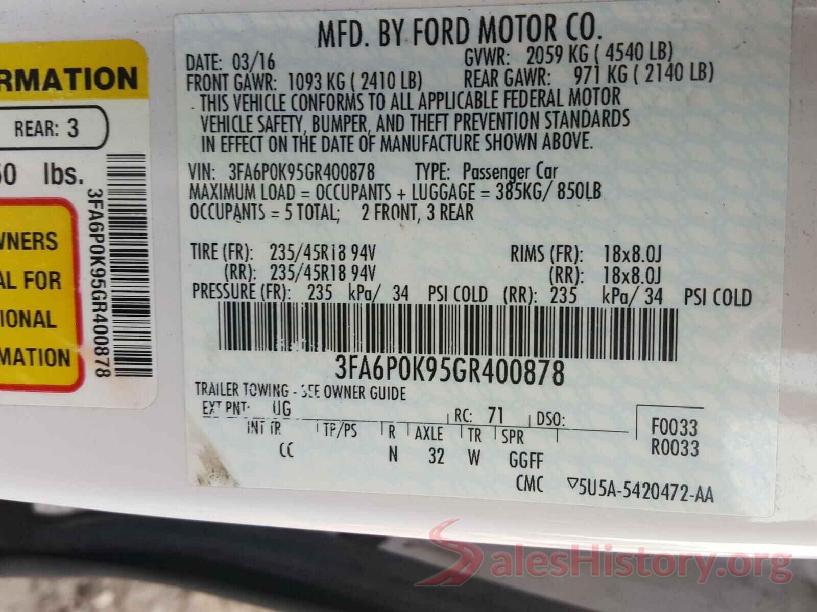 3FA6P0K95GR400878 2016 FORD FUSION